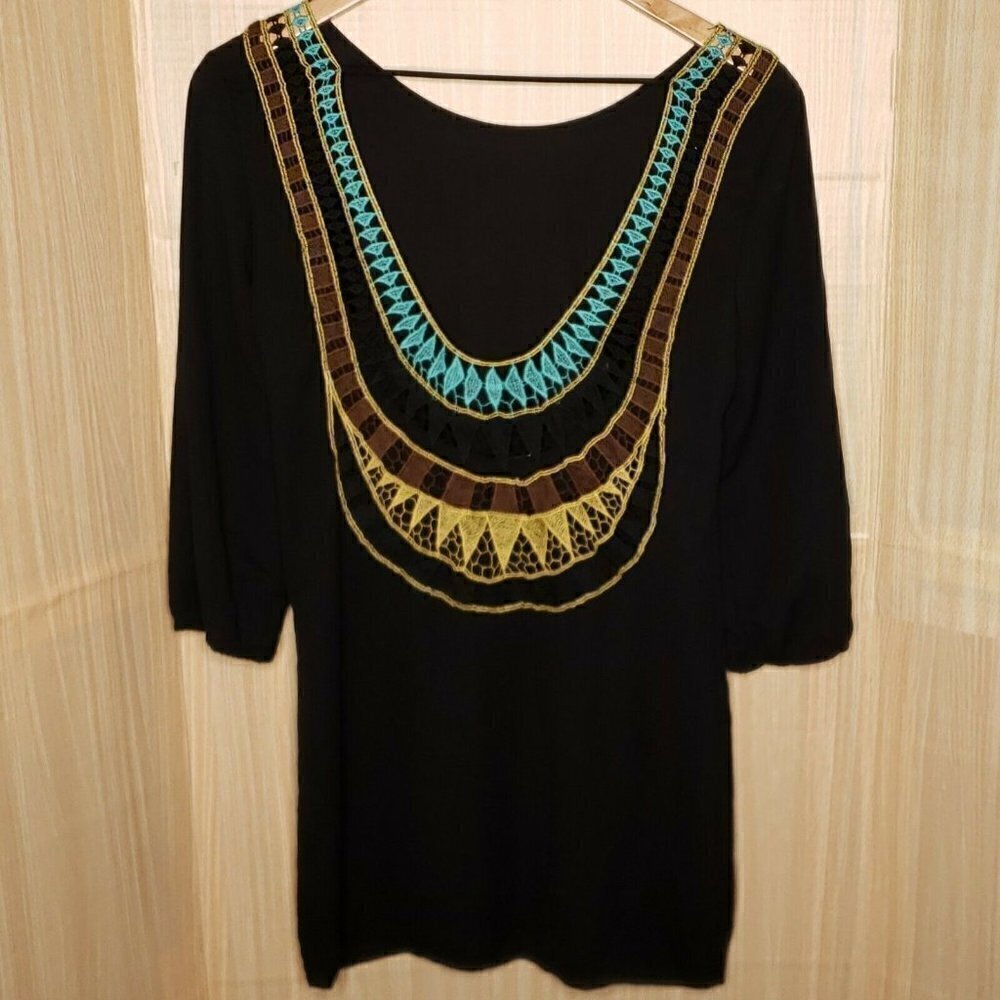 Moa Moa Womens Black Tunic With Scoop Back Crochet Knit Detail Small